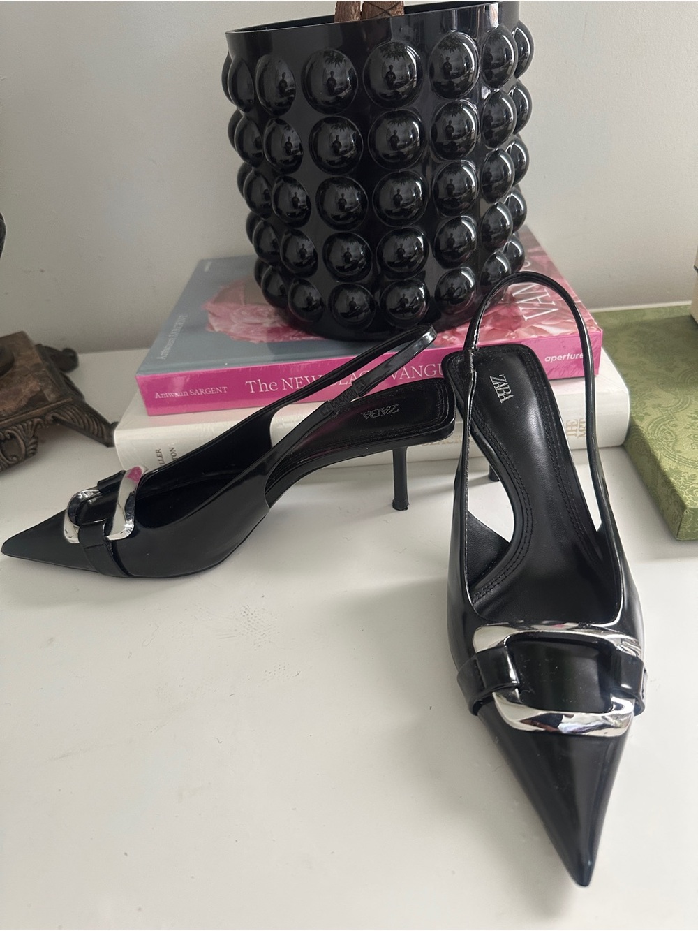 Zara Black Pointed Slingback Heels with Silver Buckle Detail